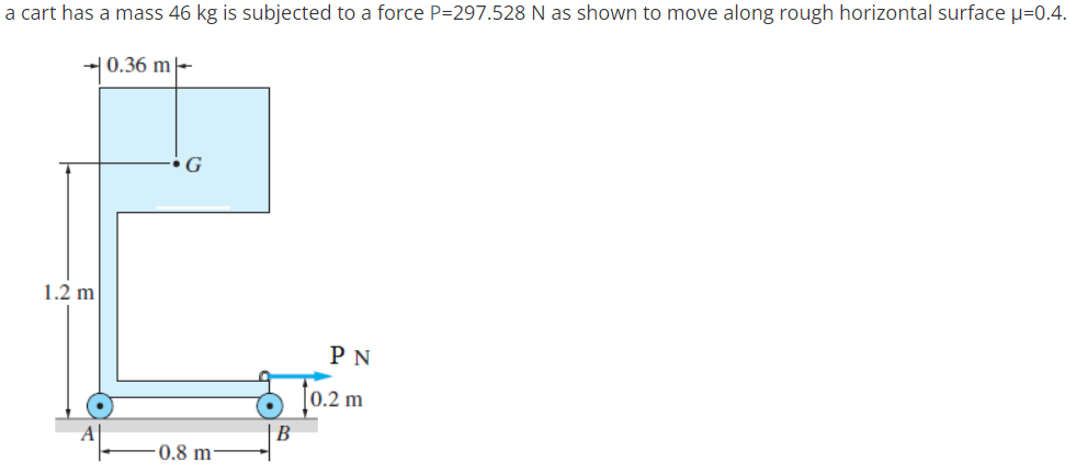 a cart has a mass 46 kg is subjected to a force P=297.528 N as shown to move along rough horizontal surface u=0.4.
-0.36 m-
1.2 m
PN
0.2 m
0.8 m²
