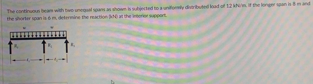 The continuous beam with two unequal spans as shown is subjected to a uniformly distributed load of 12 kN/m. If the longer span is 8 m and
the shorter span is 6 m, determine the reaction (kN) at the interior support.
W
W
R₂
R₁
R₂