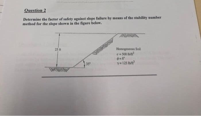 Question 2
Determine the factor of safety against slope failure by means of the stability number
method for the slope shown in the figure below.
25 ft
Homogeneous Soil
e 500 Ibn
35
Y- 125 Ibn
