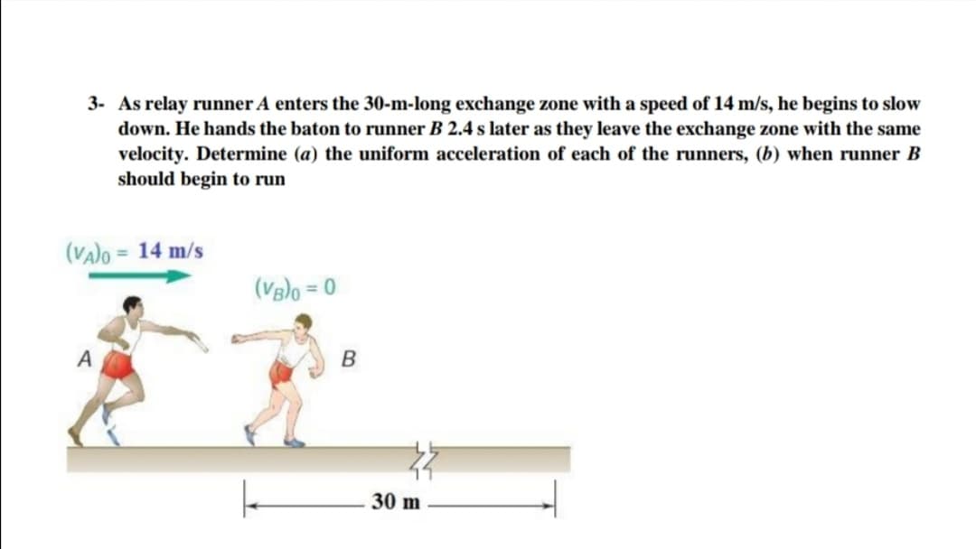 3- As relay runner A enters the 30-m-long exchange zone with a speed of 14 m/s, he begins to slow
down. He hands the baton to runner B 2.4 s later as they leave the exchange zone with the same
velocity. Determine (a) the uniform acceleration of each of the runners, (b) when runner B
should begin to run
(VA)o = 14 m/s
(V3)o = 0
A
30 m
