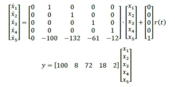 N
好
=
0
0
0
¹0
1
0
0
0
0
0
0
1
-100 -132 -61 -12- Lx5-
0
1
0010
0
0
18-1
0
|x3 + 0 r(t)
0
y=[100 8 72 18 2] 3
唱