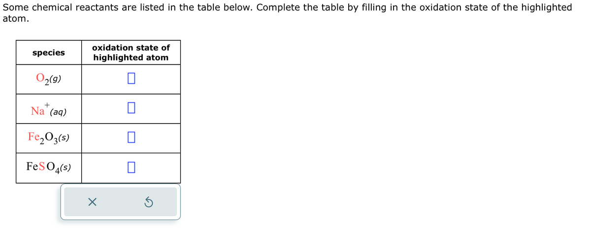 Some chemical reactants are listed in the table below. Complete the table by filling in the oxidation state of the highlighted
atom.
species
0₂(g)
Nat
(aq)
Fe₂O3(s)
FeSO4(s)
oxidation state of
highlighted atom
x
0
Ś