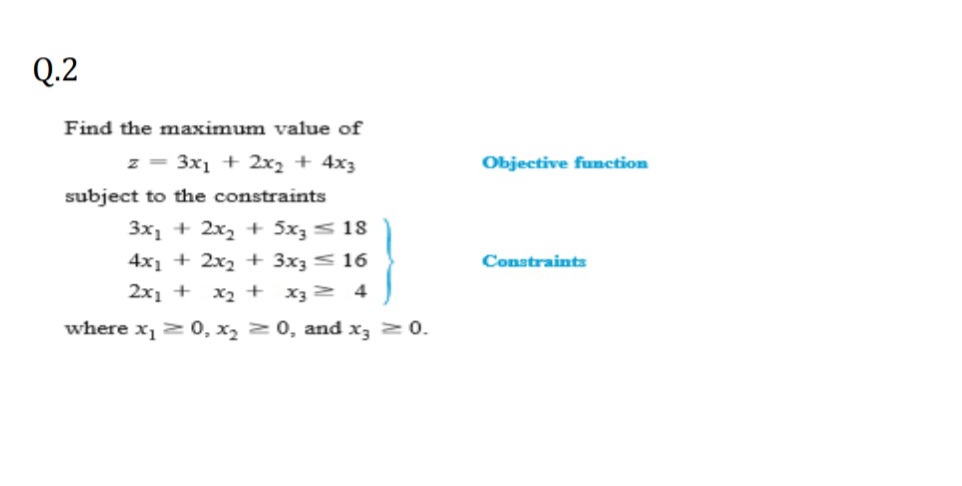 Q.2
Find the maximum value of
z = 3x1 + 2x2 + 4x3
Objective function
subject to the constraints
3x1 + 2x2 + 5x3< 18
4x1 + 2x2 + 3x3< 16
Constraints
2x1 +
x2 +
X3 2 4
where x, 2 0, x2 20, and x3 20.
