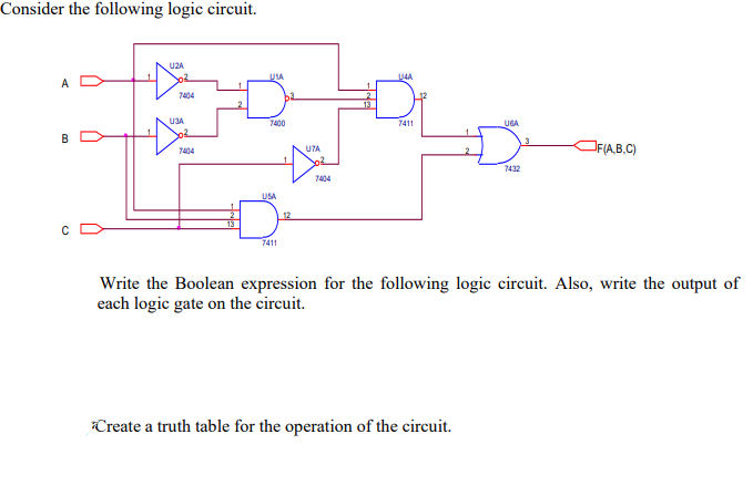 Consider the following logic circuit.
U2A
UIA
U4A
A
7404
U3A
7400
7411
UGA
D-
B
OFIAB.C)
7404
UTA
7432
7404
USA
12
7411
Write the Boolean expression for the following logic circuit. Also, write the output of
each logic gate on the circuit.
Create a truth table for the operation of the circuit.
