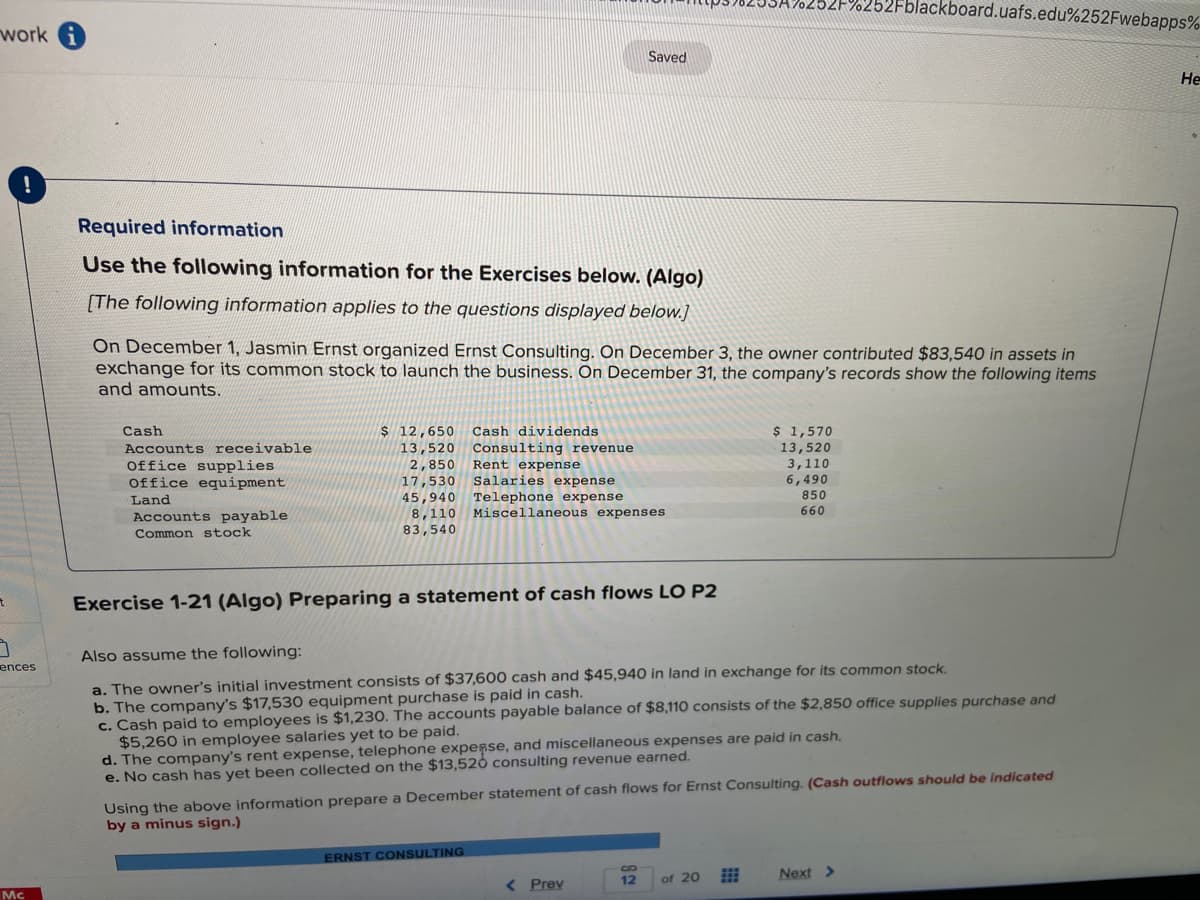 work i
t
7
!
ences
Mc
Required information
Use the following information for the Exercises below. (Algo)
[The following information applies to the questions displayed below.]
Cash
Accounts receivable
office supplies
Office equipment
Land
On December 1, Jasmin Ernst organized Ernst Consulting. On December 3, the owner contributed $83,540 in assets in
exchange for its common stock to launch the business. On December 31, the company's records show the following items
and amounts.
Accounts payable
Common stock
$ 12,650 Cash dividends
Consulting revenue
Rent expense
13,520
2,850
17,530 Salaries expense
45,940 Telephone expense
8,110 Miscellaneous expenses
83,540
Saved
Exercise 1-21 (Algo) Preparing a statement of cash flows LO P2
Also assume the following:
a. The owner's initial investment consists of $37,600 cash and $45,940 in land in exchange for its common stock.
b. The company's $17,530 equipment purchase is paid in cash.
c. Cash paid to employees is $1,230. The accounts payable balance of $8,110 consists of the $2,850 office supplies purchase and
$5,260 in employee salaries yet to be paid.
ERNST CONSULTING
d. The company's rent expense, telephone expense, and miscellaneous expenses are paid in cash.
e. No cash has yet been collected on the $13,520 consulting revenue earned.
< Prev
252F%252Fblackboard.uafs.edu%252Fwebapps%
Using the above information prepare a December statement of cash flows for Ernst Consulting. (Cash outflows should be indicated
by a minus sign.)
8
12
$ 1,570
13,520
3,110
6,490
850
660
of 20
Next >
He