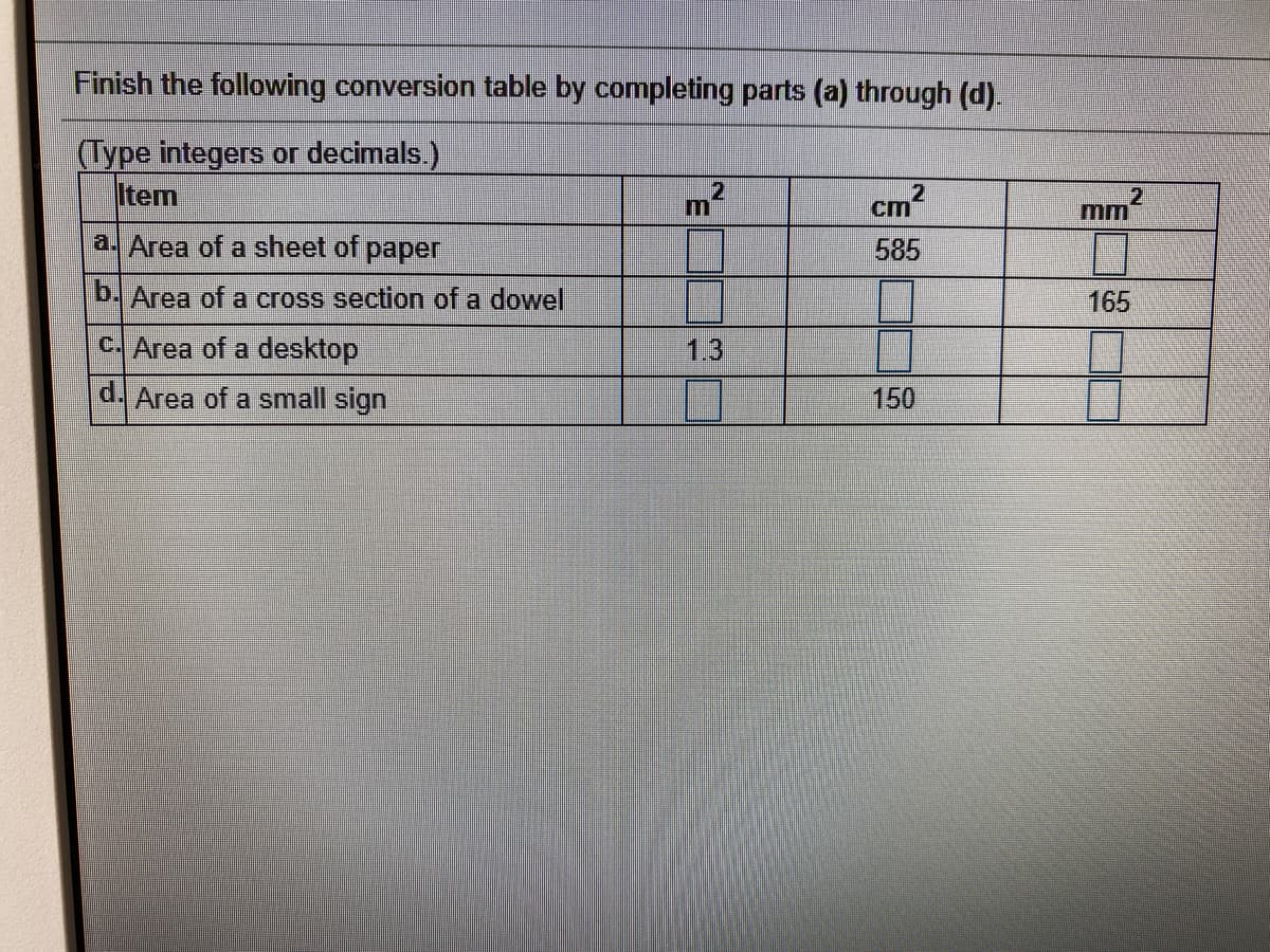 Finish the following conversion table by completing parts (a) through (d).
(Type integers or decimals.)
Item
cm
585
21
mm
a. Area of a sheet of paper
b. Area of a cross section of a dowel
165
c. Area of a desktop
1.3
d. Area of a small sign
150
