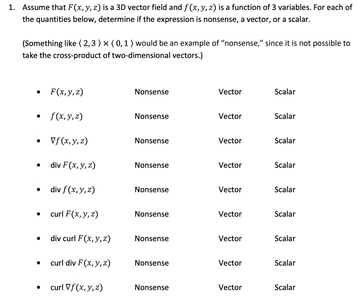 1. Assume that F(x, y, z) is a 3D vector field and f(x, y, z) is a function of 3 variables. For each of
the quantities below, determine if the expression is nonsense, a vector, or a scalar.
(Something like ( 2,3 ) × ( 0,1 ) would be an example of “nonsense," since it is not possible to
take the cross-product of two-dimensional vectors.)
F(x,y, z)
Nonsense
Vector
Scalar
f(x, y, z)
Scalar
Nonsense
Vector
Vf (x, y, z)
Nonsense
Vector
Scalar
div F (x, y, z)
Nonsense
Vector
Scalar
div f (x,y, z)
Scalar
Nonsense
Vector
curl F(x, y, z)
Nonsense
Vector
Scalar
div curl F(x, y, z)
Nonsense
Vector
Scalar
curl div F (x, y, z)
Nonsense
Vector
Scalar
curl Vf (x,y,z)
Nonsense
Scalar
Vector
