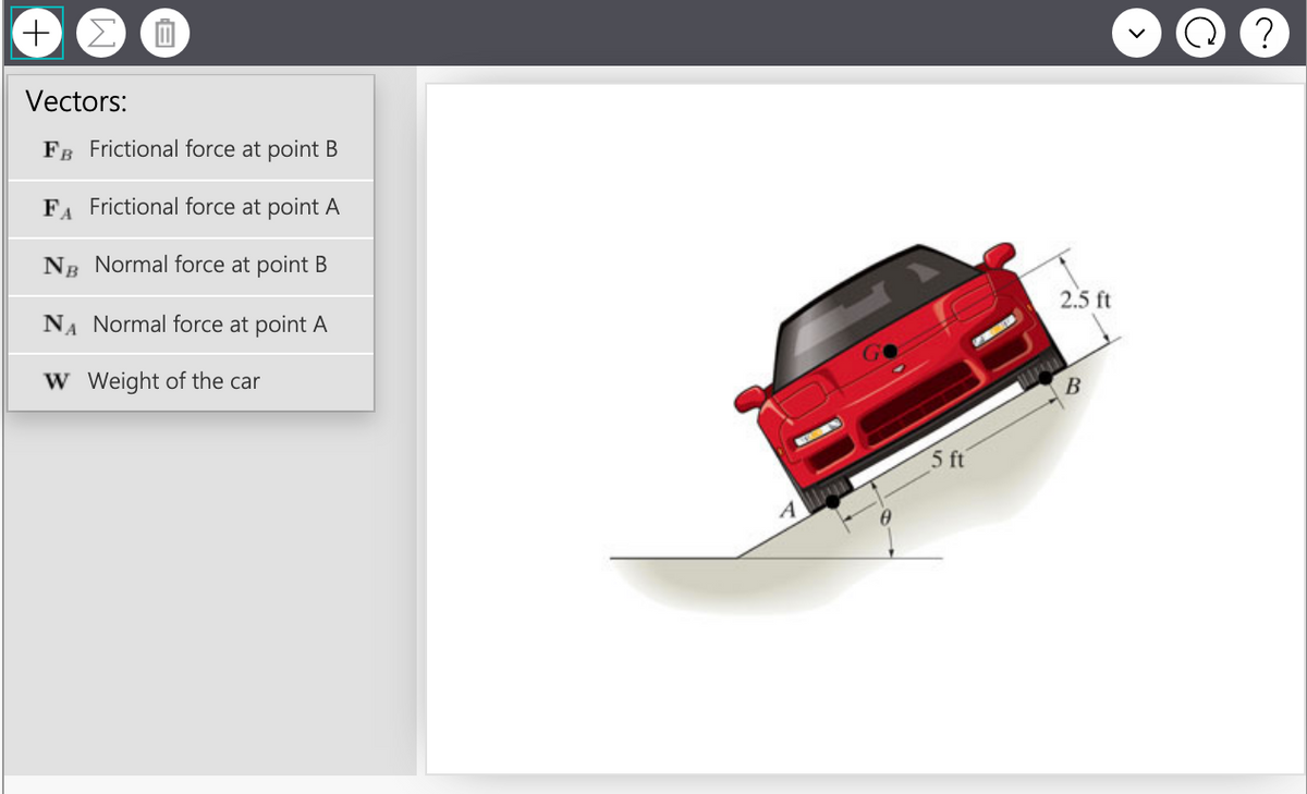 Vectors:
FB Frictional force at point B
FA Frictional force at point A
NB Normal force at point B
2.5 ft
NA Normal force at point A
W Weight of the car
5 ft
