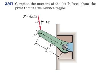 2/41 Compute the moment of the 0.4-lb force about the
pivot O of the wall-switch toggle.
F = 0.4 lb|
10°
30
