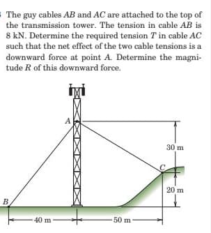 S The guy cables AB and AC are attached to the top of
the transmission tower. The tension in cable AB is
8 kN. Determine the required tension T in cable AC
such that the net effect of the two cable tensions is a
downward force at point A. Determine the magni-
tude R of this downward force.
A
30 m
20 m
B
40 m
50 m
