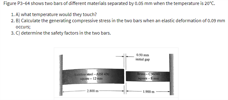 Figure P3-64 shows two bars of different materials separated by 0.05 mm when the temperature is 20°C.
1. A) what temperature would they touch?
2. B) Calculate the generating compressive stress in the two bars when an elastic deformation of 0.09 mm
occurs;
3. C) determine the safety factors in the two bars.
0.50 mm
initial gap
Stainless steel -AISI 430
square - 12 mm
Brass- C36000
square - 8 mm
2.800 m
1.900 m
