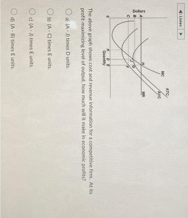 Dollars
Listen
KDE
Quantity
b) (A-C) times E units.
MC
Oc) (A-J) times E units.
O d) (AB) times E units.
ATC
AVC
The above graph shows cost and revenue information for a competitive firm. At its
profit-maximizing level of output, how much will it make in economic profits?
a) (A-J) times D units.
MR