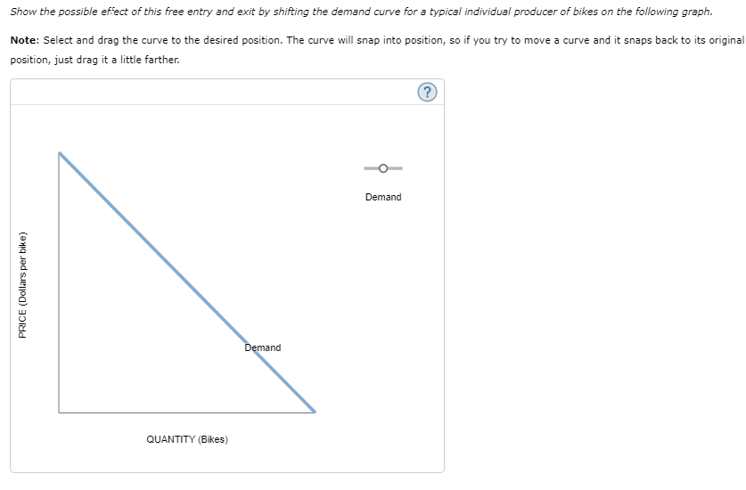 Show the possible effect of this free entry and exit by shifting the demand curve for a typical individual producer of bikes on the following graph.
Note: Select and drag the curve to the desired position. The curve will snap into position, so if you try to move a curve and it snaps back to its original
position, just drag it a little farther.
PRICE (Dollars per bike)
QUANTITY (Bikes)
Demand
Demand