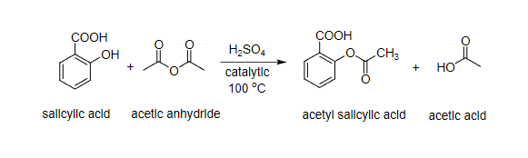 COOH
COOH
Full Sie, d
OH
.CH3
i
+
HO
acetic anhydride
sallcylic acld
H₂SO4
catalytic
100 °C
+
acetyl salicylic acid acetic acld