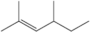 This image depicts the structural formula of an organic compound, specifically a branched-chain hydrocarbon.

### Structural Explanation

- The image shows a chemical structure with a total of 8 carbon atoms arranged in a non-linear fashion.
- The structure included indicates a branched alkane.
  - The longest continuous chain consists of six carbon atoms.
  - Two additional carbon atoms form branches off the main chain at the second and fifth carbon positions.

### Interpretation

The compound can be named 3,4-Dimethylhexane according to the IUPAC nomenclature rules for alkanes. Here is a more detailed breakdown:
- The main chain consists of six carbon atoms (hexane).
- There are methyl groups (–CH₃) attached to the third and fourth carbon atoms in the main chain.

### Diagram Description

1. From left to right:
   - Carbon 1 of the main chain has a single bond extending downwards.
   - Carbon 2 has a single bond extending upwards.
   - Carbon 3 (where the first methyl group is attached) has a single bond extending downwards from the main chain carbon and upwards to the attached methyl group.
   - Carbon 4 (which the second methyl group is attached) has a single bond extending upwards.
   - Carbon 5 has a single bond extending downwards.
   - Carbon 6 has a single bond extending outwards to the right.

Understanding this structure involves recognizing how carbon atoms can form various branching patterns to create different alkane compounds. The image visually represents one such molecule, with emphasis on the layout of bonds and the position of branching substituents. 

This structural visualization is important in organic chemistry for understanding molecular structure, nomenclature, and properties of hydrocarbons.