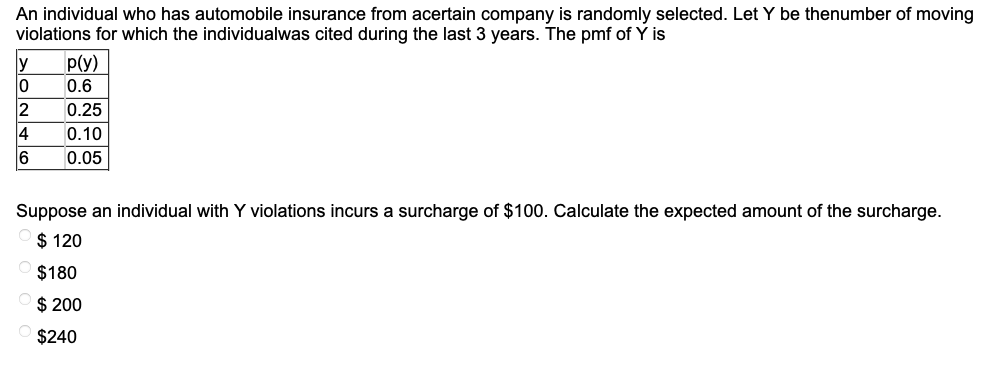 An individual who has automobile insurance from acertain company is randomly selected. Let Y be thenumber of moving
violations for which the individualwas cited during the last 3 years. The pmf of Y is
ly
0
2
4
6
p(y)
0.6
0.25
0.10
0.05
Suppose an individual with Y violations incurs a surcharge of $100. Calculate the expected amount of the surcharge.
$ 120
$180
$ 200
$240