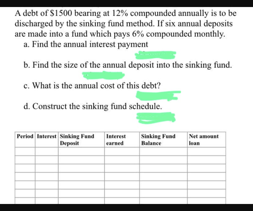 A debt of $1500 bearing at 12% compounded annually is to be
discharged by the sinking fund method. If six annual deposits
are made into a fund which pays 6% compounded monthly.
a. Find the annual interest payment
b. Find the size of the annual deposit into the sinking fund.
c. What is the annual cost of this debt?
d. Construct the sinking fund schedule.
Period Interest Sinking Fund Interest
Deposit
earned
Sinking Fund
Balance
Net amount
loan