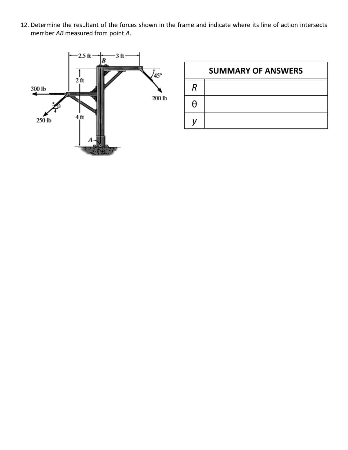 12. Determine the resultant of the forces shown in the frame and indicate where its line of action intersects
member AB measured from point A.
-2.5 ft
-3 ft
SUMMARY OF ANSWERS
45°
2 ft
300 Ib
R
200 lb
4 ft
250 lb
y
