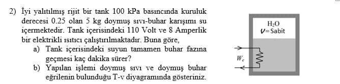 2) İyi yalıtılmış rijit bir tank 100 kPa basıncında kuruluk
derecesi 0.25 olan 5 kg doymuş sIvı-buhar karışımı su
içermektedir. Tank içerisindeki 110 Volt ve 8 Amperlik
bir elektrikli isıtıcı çalıştırılmaktadır. Buna göre,
a) Tank içerisindeki suyun tamamen buhar fazına
geçmesi kaç dakika sürer?
b) Yapılan işlemi doymuş sıvı ve doymuş buhar
eğrilenin bulunduğu T-v diyagramında gösteriniz.
H;0
V= Sabit
W.
