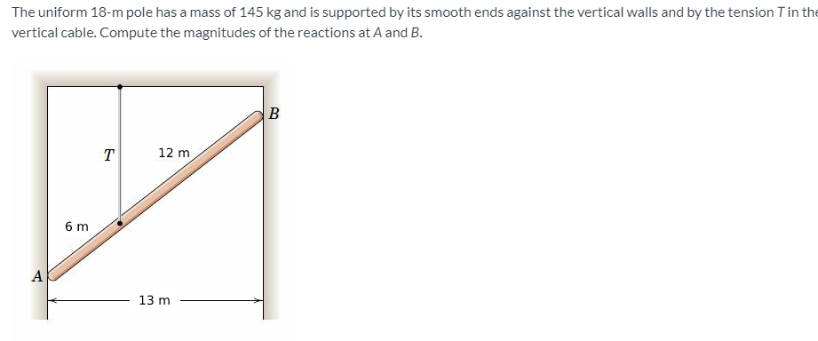 The uniform 18-m pole has a mass of 145 kg and is supported by its smooth ends against the vertical walls and by the tension Tin the
vertical cable. Compute the magnitudes of the reactions at A and B.
B
T
12 m
6 m
А
13 m
