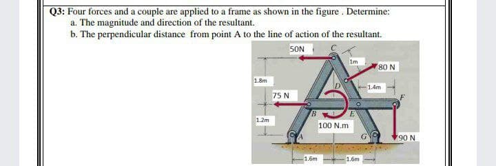 Q3: Four forces and a couple are applied to a frame as shown in the figure . Determine:
a. The magnitude and direction of the resultant.
b. The perpendicular distance from point A to the line of action of the resultant.
SON
Im
80 N
1.8m
1.4m
75 N
E
1.2m
100 N.m
90 N
1.6m
1.6m
