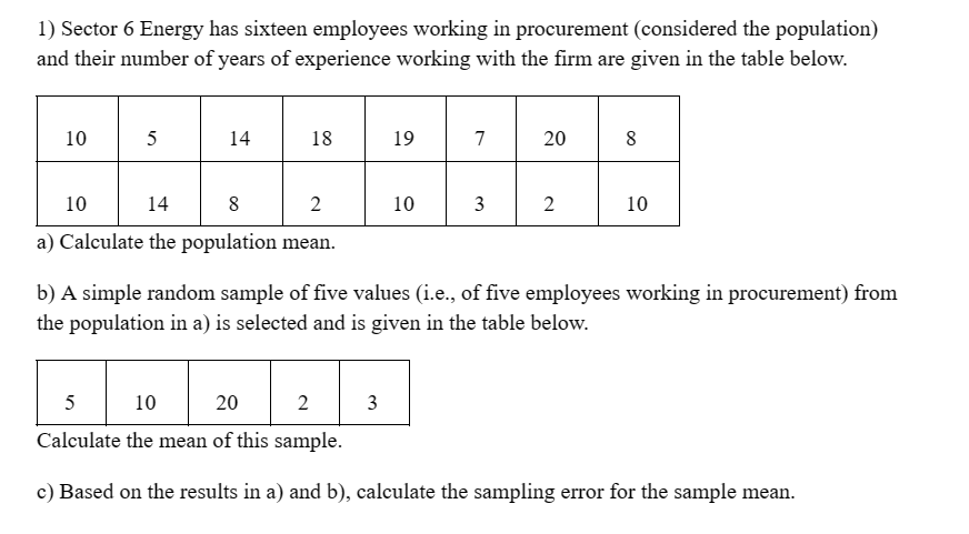 1) Sector 6 Energy has sixteen employees working in procurement (considered the population)
and their number of years of experience working with the firm are given in the table below.
10
10
5
14
18
19
7
20
10
14
8
2
10
3
2
10
a) Calculate the population mean.
b) A simple random sample of five values (i.e., of five employees working in procurement) from
the population in a) is selected and is given in the table below.
Sumis
5
10
20
2
3
Calculate the mean of this sample.
c) Based on the results in a) and b), calculate the sampling error for the sample mean.