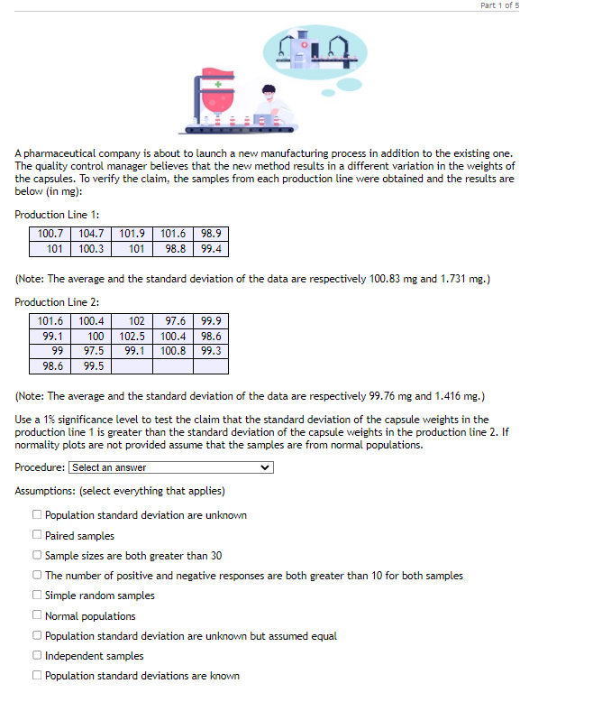 A pharmaceutical company is about to launch a new manufacturing process in addition to the existing one.
The quality control manager believes that the new method results in a different variation in the weights of
the capsules. To verify the claim, the samples from each production line were obtained and the results are
below (in mg):
Production Line 1:
100.7 104.7 101.9 101.6 98.9
101 98.8 99.4
101
100.3
(Note: The average and the standard deviation of the data are respectively 100.83 mg and 1.731 mg.)
Production Line 2:
101.6 100.4
99.1
99
98.6
100
97.5
99.5
102 97.6 99.9
102.5 100.4 98.6
99.1 100.8 99.3
Part 1 of 5
(Note: The average and the standard deviation of the data are respectively 99.76 mg and 1.416 mg.)
Use a 1% significance level to test the claim that the standard deviation of the capsule weights in the
production line 1 is greater than the standard deviation of the capsule weights in the production line 2. If
normality plots are not provided assume that the samples are from normal populations.
Procedure: Select an answer
Assumptions: (select everything that applies)
Population standard deviation are unknown
Paired samples
Sample sizes are both greater than 30
The number of positive and negative responses are both greater than 10 for both samples
Simple random samples
Normal populations
Population standard deviation are unknown but assumed equal
Independent samples
Population standard deviations are known