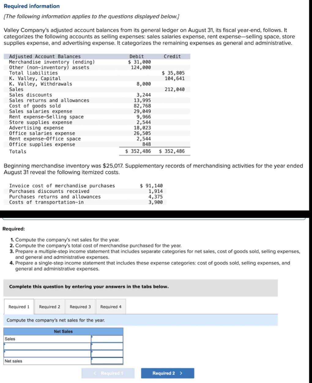 Required information
[The following information applies to the questions displayed below.]
Valley Company's adjusted account balances from its general ledger on August 31, its fiscal year-end, follows. It
categorizes the following accounts as selling expenses: sales salaries expense, rent expense-selling space, store
supplies expense, and advertising expense. It categorizes the remaining expenses as general and administrative.
Credit
Adjusted Account Balances
Merchandise inventory (ending)
Other (non-inventory) assets
Total liabilities
K. Valley, Capital
K. Valley, Withdrawals
Sales
Sales discounts
Sales returns and allowances
Cost of goods sold
Sales salaries expense
Rent expense-Selling space
Store supplies expense
Advertising expense
Office salaries expense
Rent expense-Office space
Office supplies expense
Totals
Invoice cost of merchandise purchases
Purchases discounts received
Purchases returns and allowances
Costs of transportation-in
Beginning merchandise inventory was $25,017. Supplementary records of merchandising activities for the year ended
August 31 reveal the following itemized costs.
Required 1
Required:
1. Compute the company's net sales for the year.
2. Compute the company's total cost of merchandise purchased for the year.
3. Prepare a multiple-step income statement that includes separate categories for net sales, cost of goods sold, selling expenses,
and general and administrative expenses.
4. Prepare a single-step income statement that includes these expense categories: cost of goods sold, selling expenses, and
general and administrative expenses.
Sales
Complete this question by entering your answers in the tabs below.
Required 2 Required 3
Compute the company's net sales for the year.
Net sales
Debit
$ 31,000
124,000
$ 35,805
104,641
212,040
Required 4
Net Sales
8,000
3,244
13,995
82,768
29,049
9,966
2,544
18,023
26,505
2,544
848
$ 352,486 $ 352,486
< Required 1
$ 91,140
1,914
4,375
3,900
Required 2 >