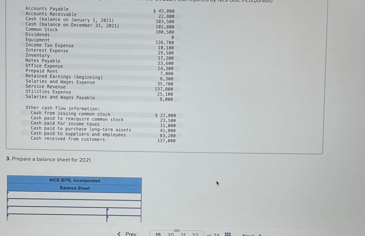 Accounts Payable
Accounts Receivable
Cash (balance on January 1, 2021)
Cash (balance on December 31, 2021)
Common Stock
Dividends
Equipment
Income Tax Expense
Interest Expense
Inventory
Notes Payable
Office Expense
Prepaid Rent
Retained Earnings (beginning)
Salaries and Wages Expense
Service Revenue
Utilities Expense
Salaries and Wages Payable
Other cash flow information:
Cash from issuing common stock
Cash paid to reacquire common stock
Cash paid for income taxes
Cash paid to purchase long-term assets
Cash paid to suppliers and employees
Cash received from customers
3. Prepare a balance sheet for 2021.
NICE BITE, Incorporated
Balance Sheet
< Prev
$ 45,000
22,800
103,500
102,800
180,500
0
136,700
10,100
29,500
17,200
23,600
14,300
7,000
6,300
35,700
137,800
25,100
8,000
$ 21,000
23,500
11,000
41,000
83,200
137,000
19 20
S
21
22
7 of
of 23
www
BER