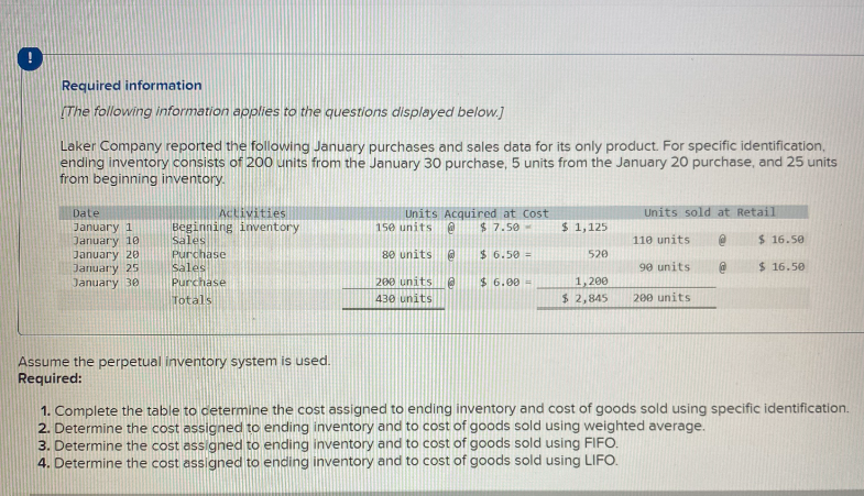 Required information
[The following information applies to the questions displayed below.]
Laker Company reported the following January purchases and sales data for its only product. For specific identification.
ending inventory consists of 200 units from the January 30 purchase, 5 units from the January 20 purchase, and 25 units
from beginning inventory.
Date
January 1
January 10
January 20
January 25
January 30
Activities
Beginning inventory
Sales
Purchase
Sales
Purchase
Totals
Assume the perpetual inventory system is used.
Required:
Units Acquired at Cost
$7.50-
150 units @
@
80 unit
200 units
430 units
$ 6.50 =
$6.00 -
$ 1,125
520
1,200
$ 2,845
Units sold at Retail
110 units. @
90 units
200 units
$16.50
$ 16.50
1. Complete the table to determine the cost assigned to ending inventory and cost of goods sold using specific identification.
2. Determine the cost assigned to ending inventory and to cost of goods sold using weighted average.
3. Determine the cost assigned to ending inventory and to cost of goods sold using FIFO.
4. Determine the cost assigned to ending inventory and to cost of goods sold using LIFO.