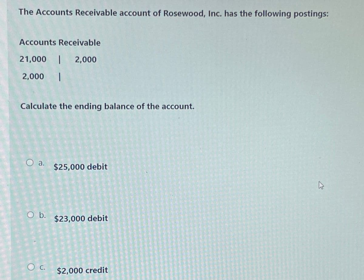 The Accounts Receivable account of Rosewood, Inc. has the following postings:
Accounts Receivable
21,000 2,000
2,000 1
Calculate the ending balance of the account.
O a. $25,000 debit
O b.
O C.
$23,000 debit
$2,000 credit