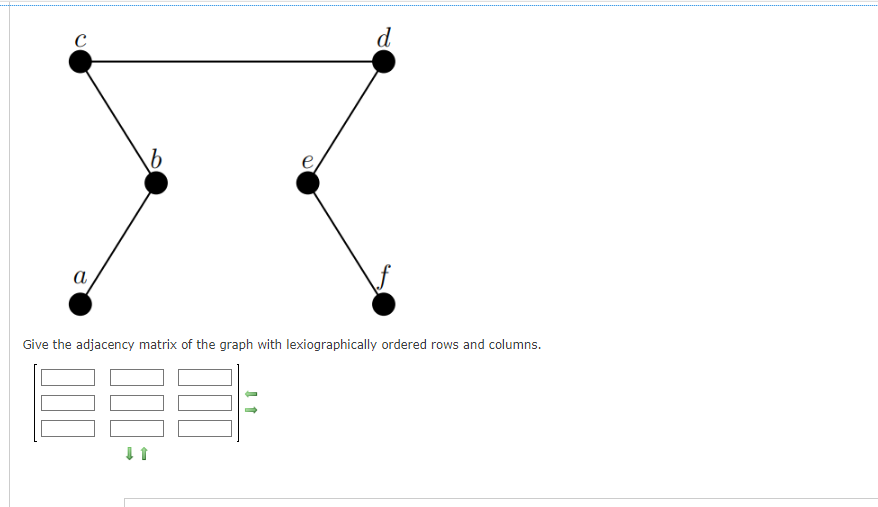 с
a
b
d
Give the adjacency matrix of the graph with lexiographically ordered rows and columns.
000