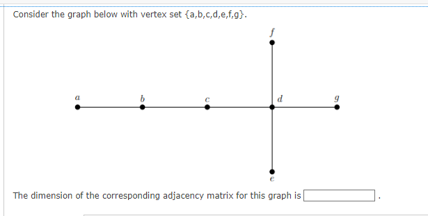 Consider the graph below with vertex set {a,b,c,d,e,f,g}.
a
f
The dimension of the corresponding adjacency matrix for this graph is