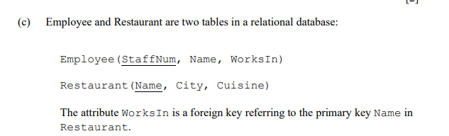 (c) Employee and Restaurant are two tables in a relational database:
Employee (StaffNum, Name, WorksIn)
Restaurant (Name, City, Cuisine)
G
The attribute Works In is a foreign key referring to the primary key Name in
Restaurant.