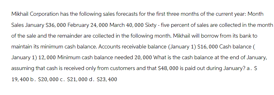 Mikhail Corporation has the following sales forecasts for the first three months of the current year: Month
Sales January $36, 000 February 24,000 March 40,000 Sixty-five percent of sales are collected in the month
of the sale and the remainder are collected in the following month. Mikhail will borrow from its bank to
maintain its minimum cash balance. Accounts receivable balance (January 1) $16,000 Cash balance (
January 1) 12,000 Minimum cash balance needed 20,000 What is the cash balance at the end of January,
assuming that cash is received only from customers and that $48,000 is paid out during January? a. $
19,400 b. $20,000 c. $21, 000 d. $23, 400