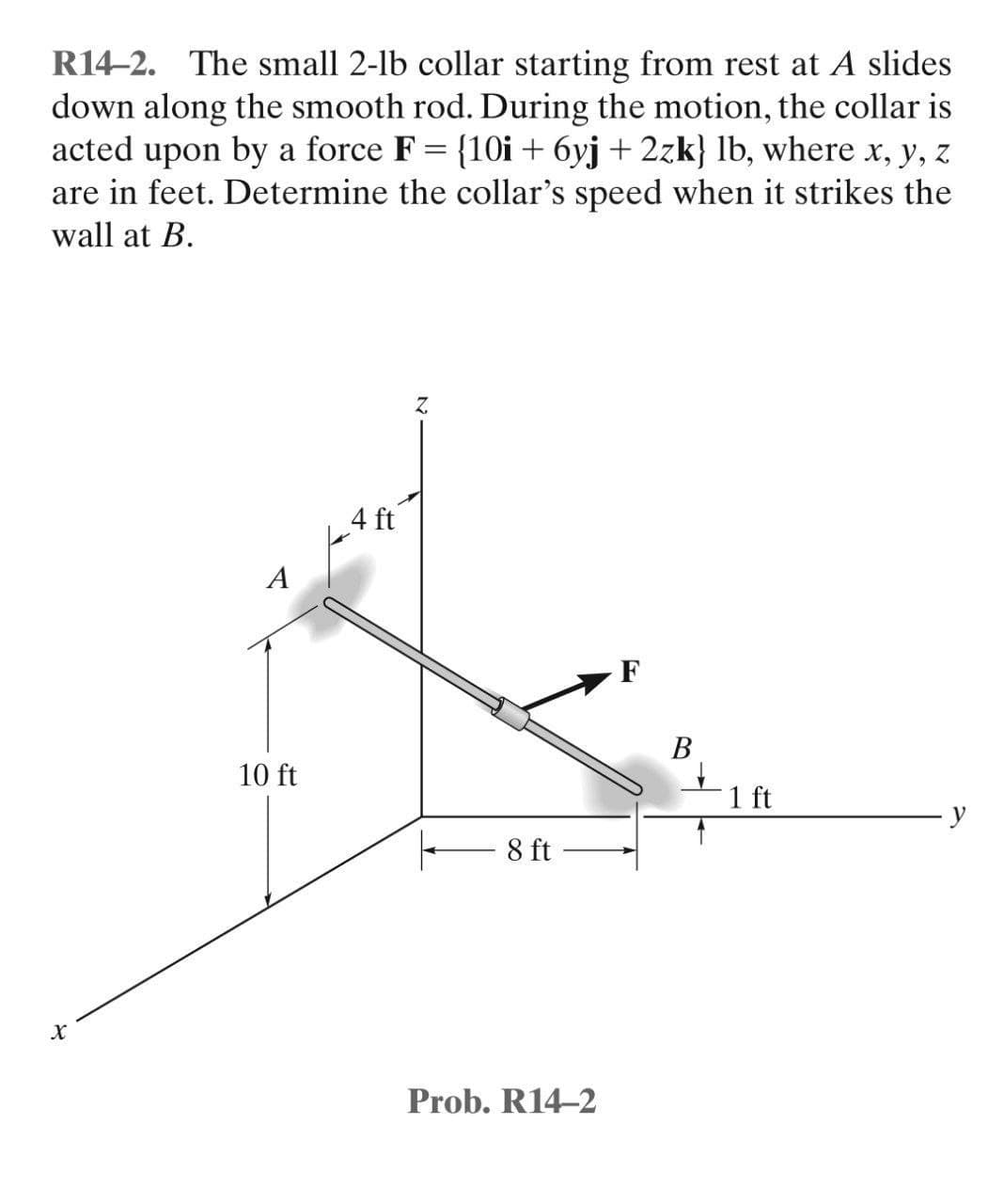 R14-2. The small 2-lb collar starting from rest at A slides
down along the smooth rod. During the motion, the collar is
acted upon by a force F = {10i + 6yj + 2zk} lb, where x, y, z
are in feet. Determine the collar's speed when it strikes the
wall at B.
Z
X
A
10 ft
4 ft
8 ft
Prob. R14-2
F
B
1 ft