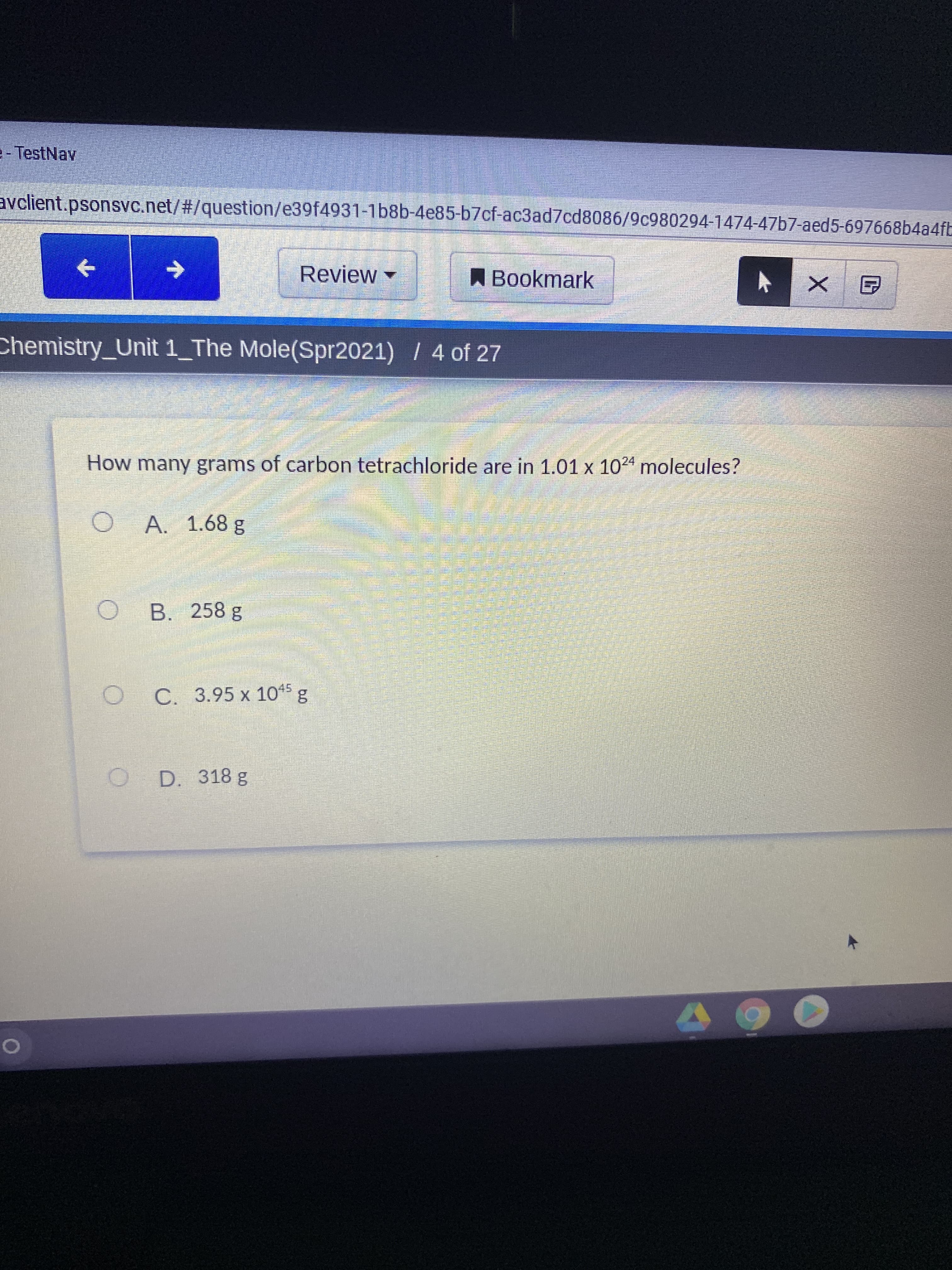 How many grams of carbon tetrachloride are in 1.01 x 1024 molecules?
