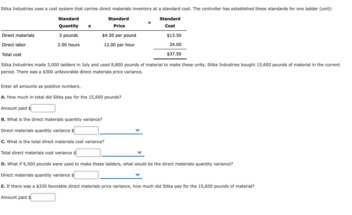 Sitka Industries uses a cost system that carries direct materials inventory at a standard cost. The controller has established these standards for one ladder (unit):
Standard
Standard
Standard
%3D
Quantity
Price
Cost
Direct materials
3 pounds
$4.50 per pound
$13.50
Direct labor
2.00 hours
12.00 per hour
24.00
Total cost
$37.50
Sitka Industries made 3,000 ladders in July and used 8,800 pounds of material to make these units. Sitka Industries bought 15,600 pounds of material in the current
period. There was a $300 unfavorable direct materials price variance.
Enter all amounts as positive numbers.
A. How much in total did Sitka pay for the 15,600 pounds?
Amount paid $
B. What is the direct materials quantity variance?
Direct materials quantity variance $
C. What is the total direct materials cost variance?
Total direct materials cost variance $
D. What if 9,500 pounds were used to make these ladders, what would be the direct materials quantity variance?
Direct materials quantity variance $
E. If there was a $330 favorable direct materials price variance, how much did Sitka pay for the 15,600 pounds of material?
Amount paid $
