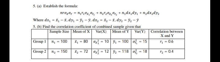 5. (a) Establish the formula:
nroxdy = n,r,0x, Oy, + n2r20x,Oy, + n,dx,dy, + nzdx,dy2
Where dx, = x - i, dy, = 91 - y, dx, = X2 - X, dy, = y2 - y
5. (b) Find the correlation coefficient of combined sample given that
%3D
%3!
Sample Size Mean of X
Var(X)
Mean of Y
Correlation between
X and Y
Var(Y)
Group 1
n = 100
i, = 80
ox? = 10 y, = 100 o = 15
%3!
= 0.6
Group 2
n2 = 150
= 72
Ox = 12 y, = 118 o = 18
2 = 0.4
