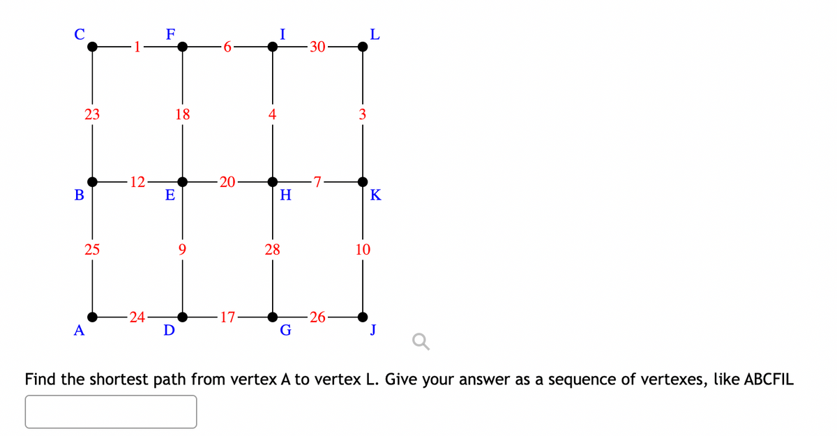 Q
23
B
25
A
12.
F
18
E
D
20
4
H
28
G
30
7
26
3
L
K
10
J
Find the shortest path from vertex A to vertex L. Give your answer as a sequence of vertexes, like ABCFIL