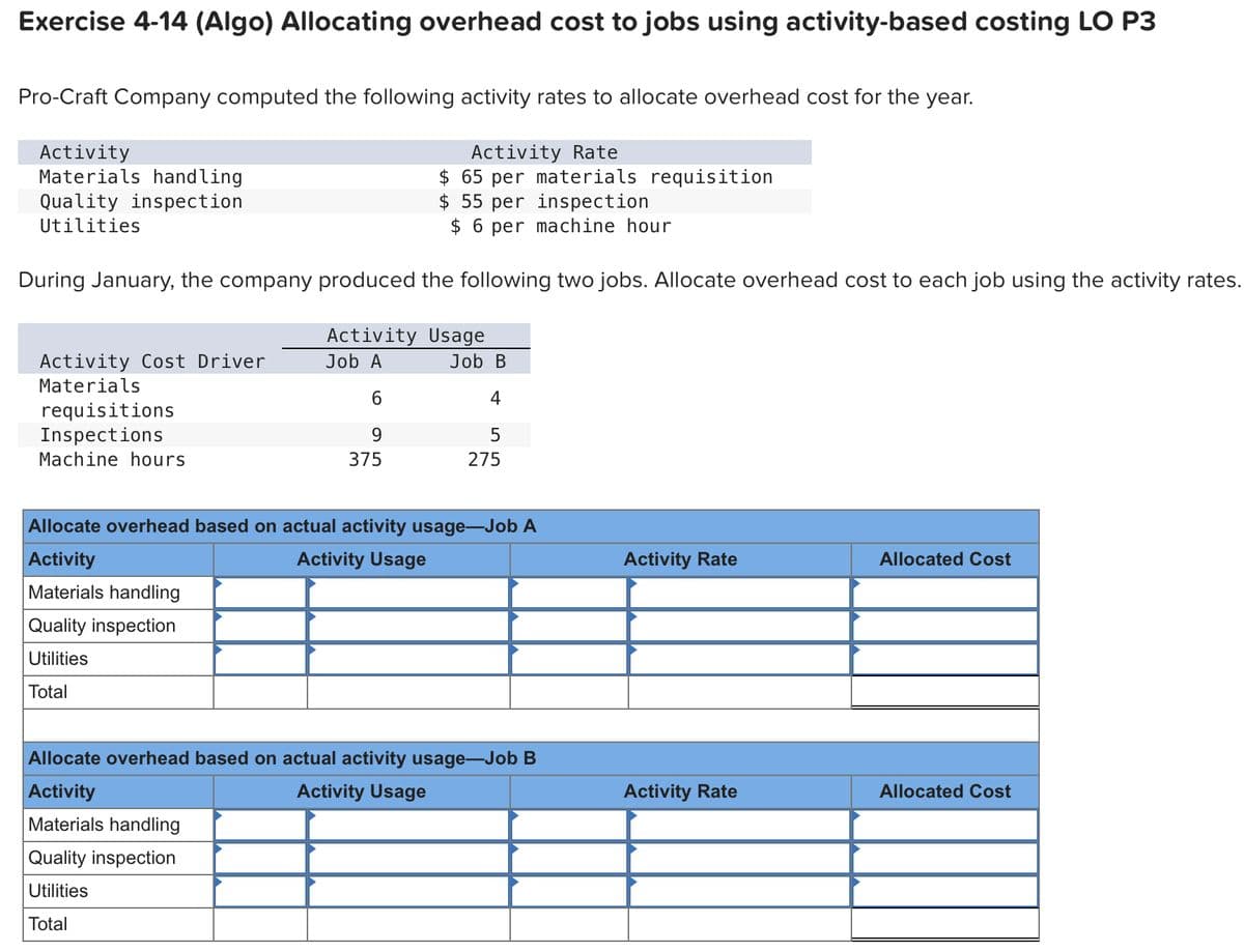 Exercise 4-14 (Algo) Allocating overhead cost to jobs using activity-based costing LO P3
Pro-Craft Company computed the following activity rates to allocate overhead cost for the year.
Activity Rate
$65 per materials requisition
$55 per inspection
$6 per machine hour
During January, the company produced the following two jobs. Allocate overhead cost to each job using the activity rates.
Activity Usage
Job A
6
9
375
Activity
Materials handling
Quality inspection
Utilities
Activity Cost Driver
Materials
requisitions
Inspections
Machine hours
Job B
4
5
275
Allocate overhead based on actual activity usage-Job A
Activity
Activity Usage
Materials handling
Quality inspection
Utilities
Total
Allocate overhead based on actual activity usage-Job B
Activity
Activity Usage
Materials handling
Quality inspection
Utilities
Total
Activity Rate
Activity Rate
Allocated Cost
Allocated Cost