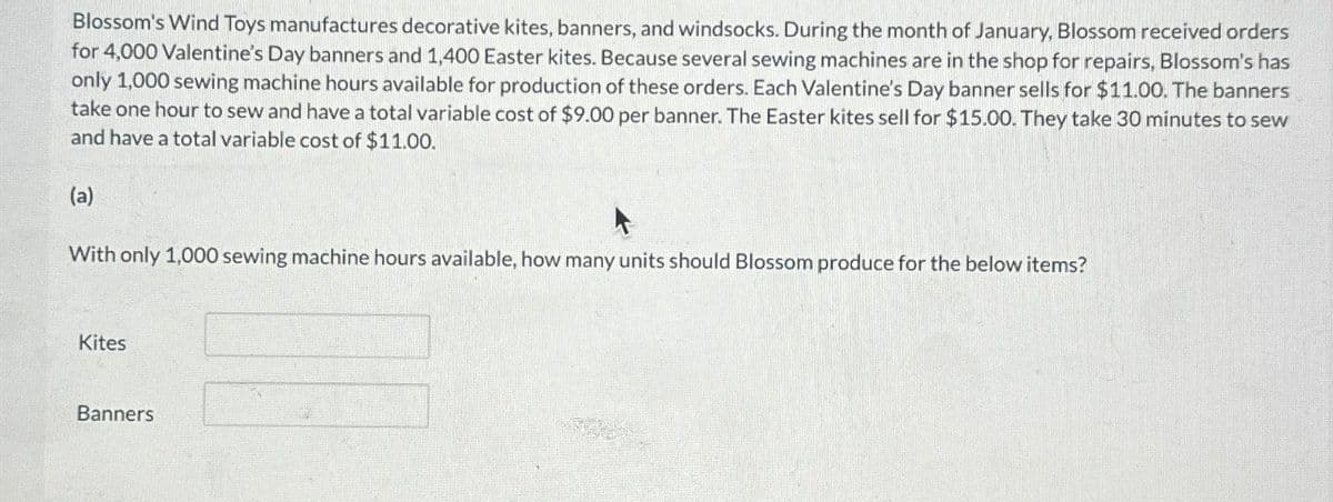 Blossom's Wind Toys manufactures decorative kites, banners, and windsocks. During the month of January, Blossom received orders
for 4,000 Valentine's Day banners and 1,400 Easter kites. Because several sewing machines are in the shop for repairs, Blossom's has
only 1,000 sewing machine hours available for production of these orders. Each Valentine's Day banner sells for $11.00. The banners
take one hour to sew and have a total variable cost of $9.00 per banner. The Easter kites sell for $15.00. They take 30 minutes to sew
and have a total variable cost of $11.00.
(a)
With only 1,000 sewing machine hours available, how many units should Blossom produce for the below items?
Kites
Banners