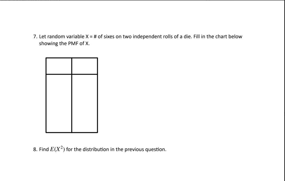 7. Let random variable X = # of sixes on two independent rolls of a die. Fill in the chart below
showing the PMF of X.
8. Find E(X²) for the distribution in the previous question.
