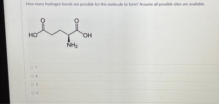 How many hydrogen bonds are possible for this molecule to form? Assume all possible sites are available.
ozle
NH₂
HOT
07
08
03
05
OH