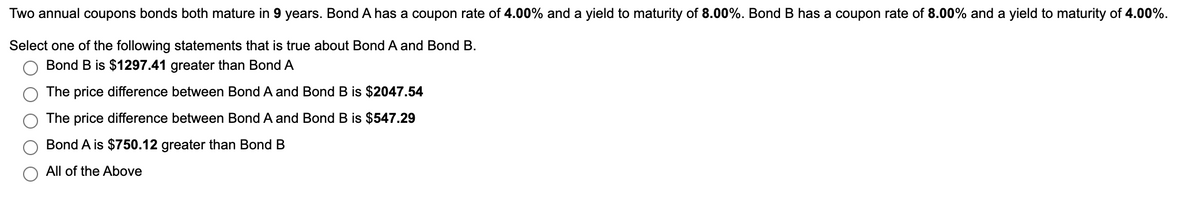 Two annual coupons bonds both mature in 9 years. Bond A has a coupon rate of 4.00% and a yield to maturity of 8.00%. Bond B has a coupon rate of 8.00% and a yield to maturity of 4.00%.
Select one of the following statements that is true about Bond A and Bond B.
Bond B is $1297.41 greater than Bond A
The price difference between Bond A and Bond B is $2047.54
The price difference between Bond A and Bond B is $547.29
Bond A is $750.12 greater than Bond B
All of the Above