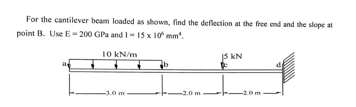 For the cantilever beam loaded as shown, find the deflection at the free end and the slope at
point B. Use E = 200 GPa and I = 15 x 106 mm4.
a
10 kN/m
-3.0 m
b
-2.0 m
15 kN
c
-2.0 m