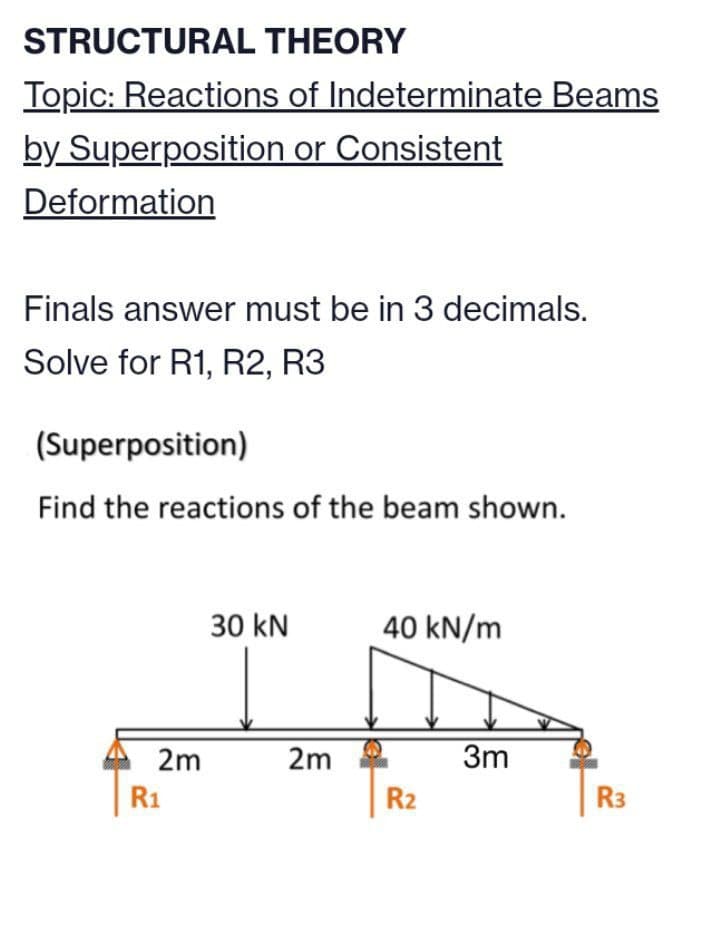 STRUCTURAL THEORY
Topic: Reactions of Indeterminate Beams
or Consistent
by Superposition
Deformation
Finals answer must be in 3 decimals.
Solve for R1, R2, R3
(Superposition)
Find the reactions of the beam shown.
2m
R₁
30 kN
2m
40 kN/m
R₂
3m
R3