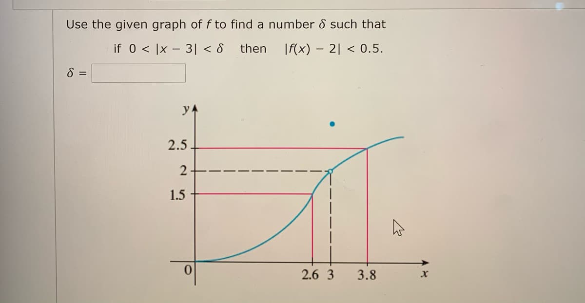 Use the given graph of f to find a number 8 such that
if 0 < |x – 3| < 8
then
|F(x) – 2| < 0.5.
く
8 =
y
2.5
1.5
0.
2.6 3
3.8
