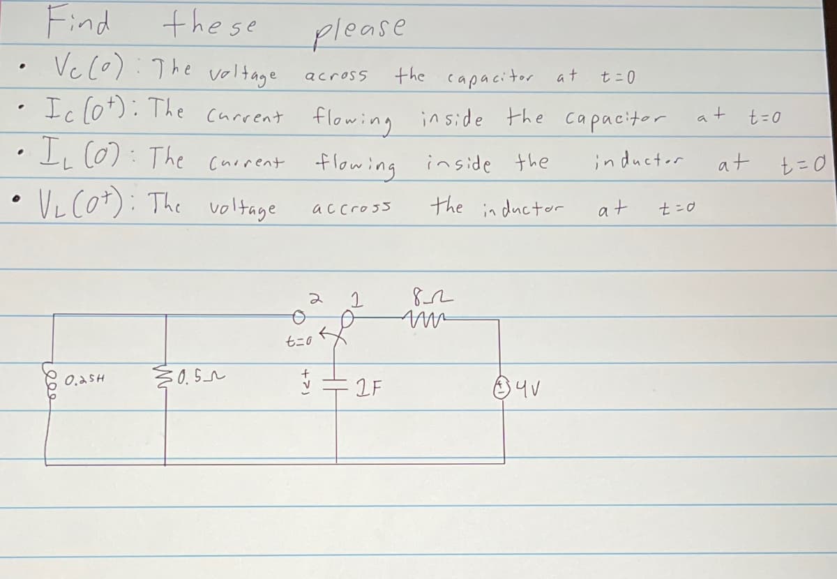 .
"
•
Find
the se
Vc (o): The voltage across
the capacitor at
Ic (0+): The current flowing inside the capacitor
inductor
IL (0): The current flowing inside the
VL (ot): The voltage
the inductor
tele
0.25H
30.5
please
accross
t=0
1F
82
4v
t=0
at
t=0
at
t = 0
at
t=0