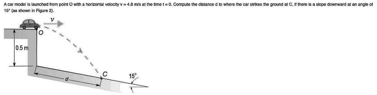 A car model is launched from point O with a horizontal velocity v = 4.8 m/s at the time t= 0. Compute the distance d to where the car strikes the ground at C, if there is a slope downward at an angle of
15° (as shown in Figure 2).
0.5 m
15°
d-
